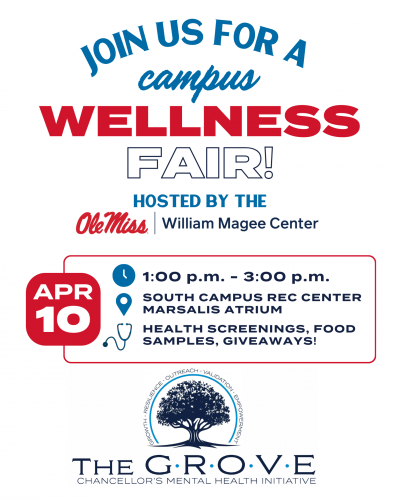 Wellness Fair Flyer - the William Magee Center will host a wellness fair on April 10 from 1-3 pm at the South Campus Recreation Center